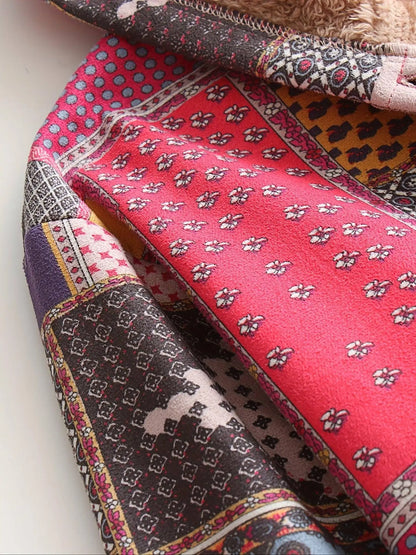 Plus Size Patchwork Print Hooded Coat, Casual Button Front Long Sleeve Warm Outerwear For Fall & Winter, Women's Plus Size Clothing SS69