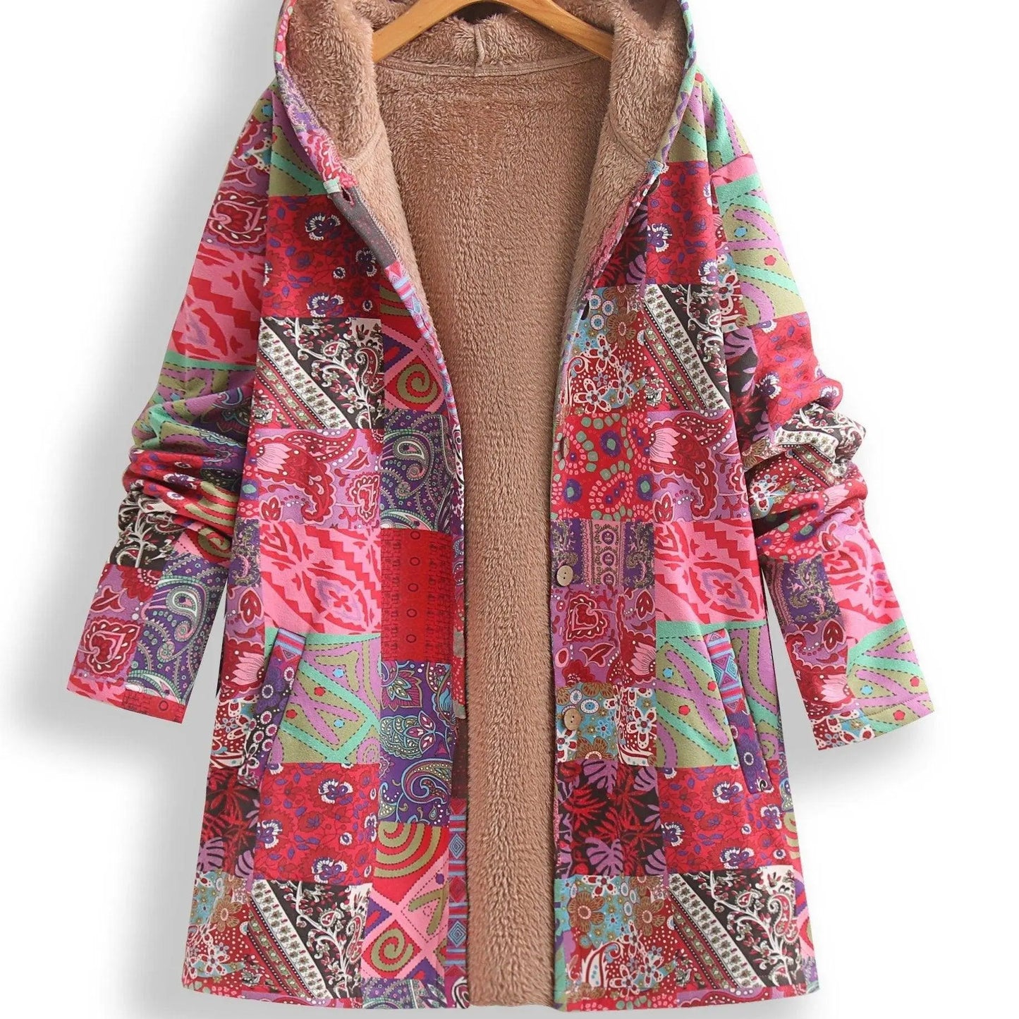Plus Size Patchwork Print Hooded Coat, Casual Button Front Long Sleeve Warm Outerwear For Fall & Winter, Women's Plus Size Clothing SS69 37.69 Peach / 5XL(62)