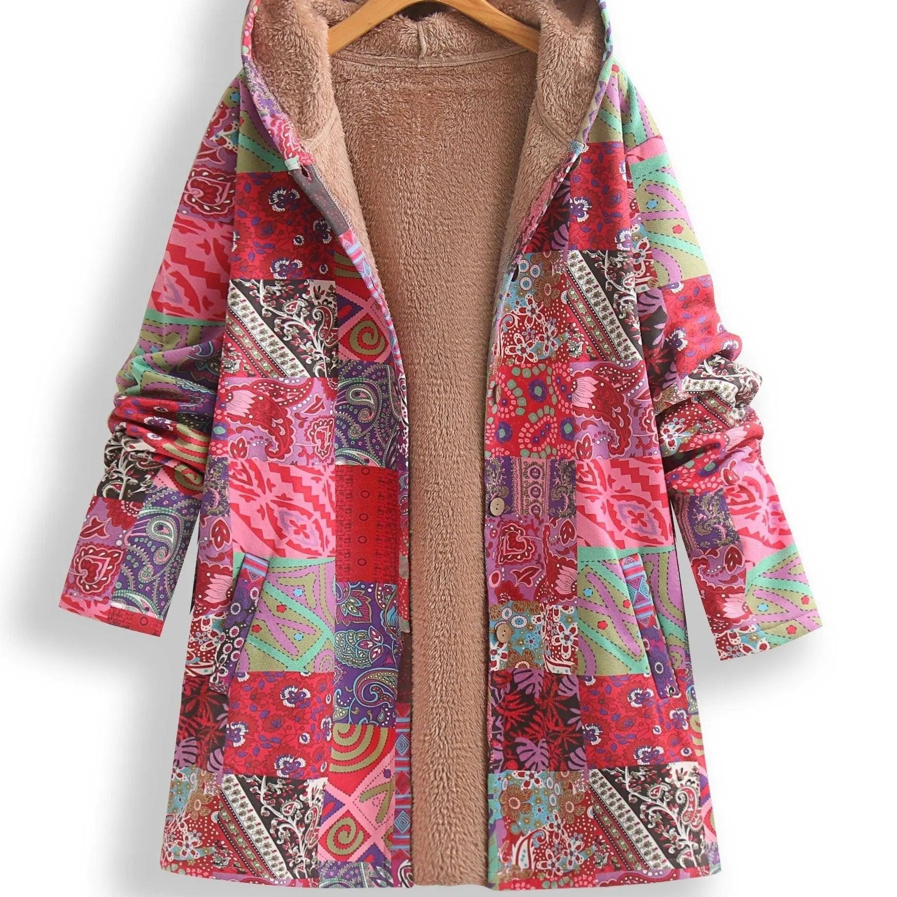 Plus Size Patchwork Print Hooded Coat, Casual Button Front Long Sleeve Warm Outerwear For Fall & Winter, Women's Plus Size Clothing SS69 37.69 Peach / 5XL(62)