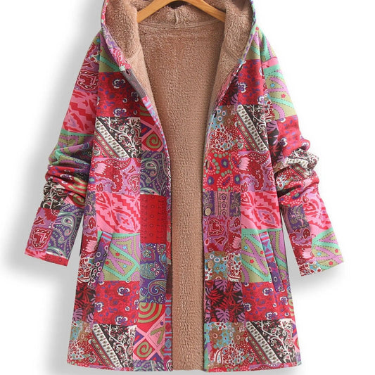 Plus Size Patchwork Print Hooded Coat, Casual Button Front Long Sleeve Warm Outerwear For Fall & Winter, Women's Plus Size Clothing SS69 37.69 Peach / 5XL(62)