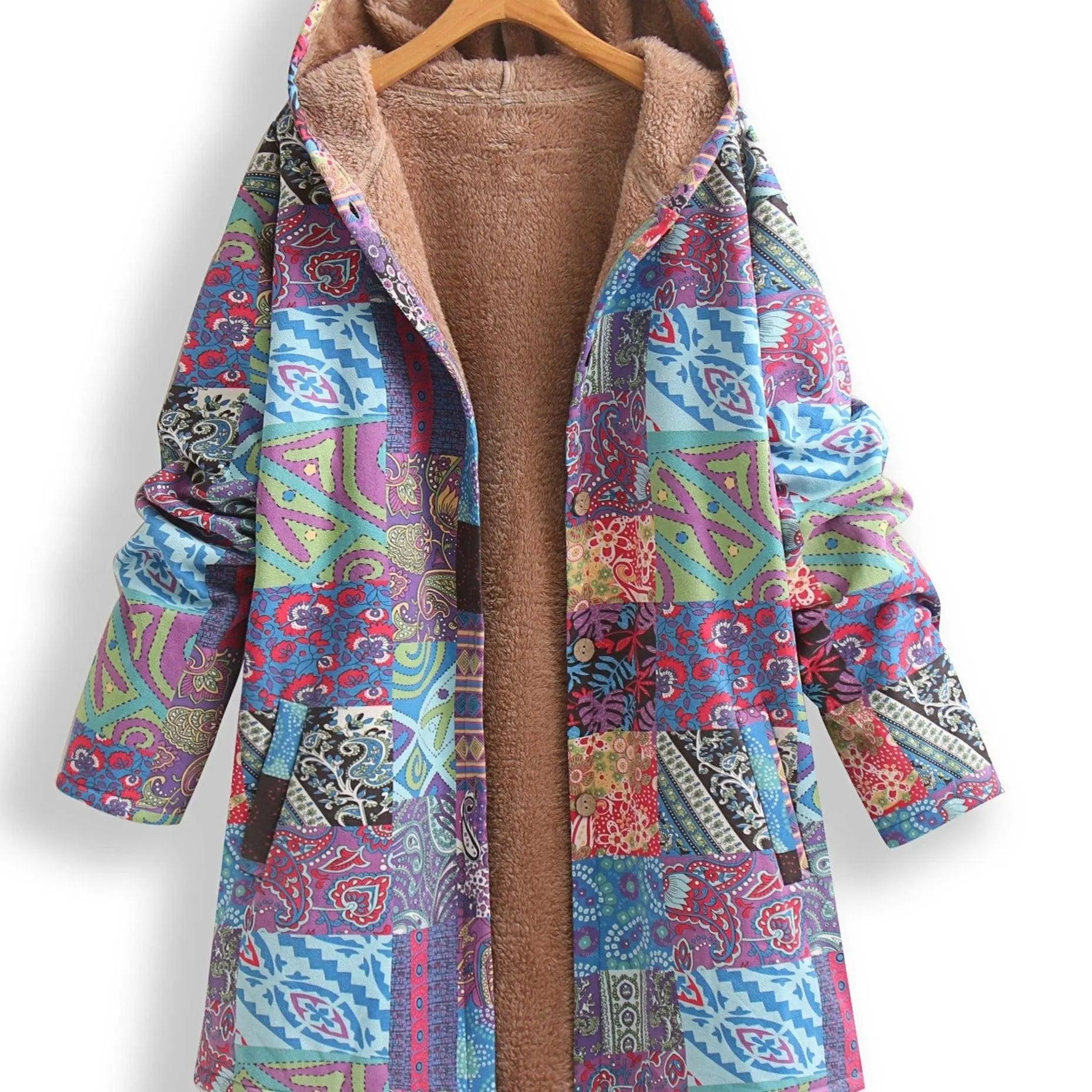 Plus Size Patchwork Print Hooded Coat, Casual Button Front Long Sleeve Warm Outerwear For Fall & Winter, Women's Plus Size Clothing SS69 37.69 Sky Blue / 5XL(62)