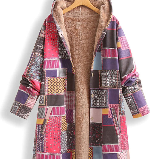 Plus Size Patchwork Print Hooded Coat, Casual Button Front Long Sleeve Warm Outerwear For Fall & Winter, Women's Plus Size Clothing SS69 50.69 Multicolor / 5XL(62)
