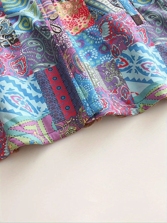 Plus Size Patchwork Print Hooded Coat, Casual Button Front Long Sleeve Warm Outerwear For Fall & Winter, Women's Plus Size Clothing SS69