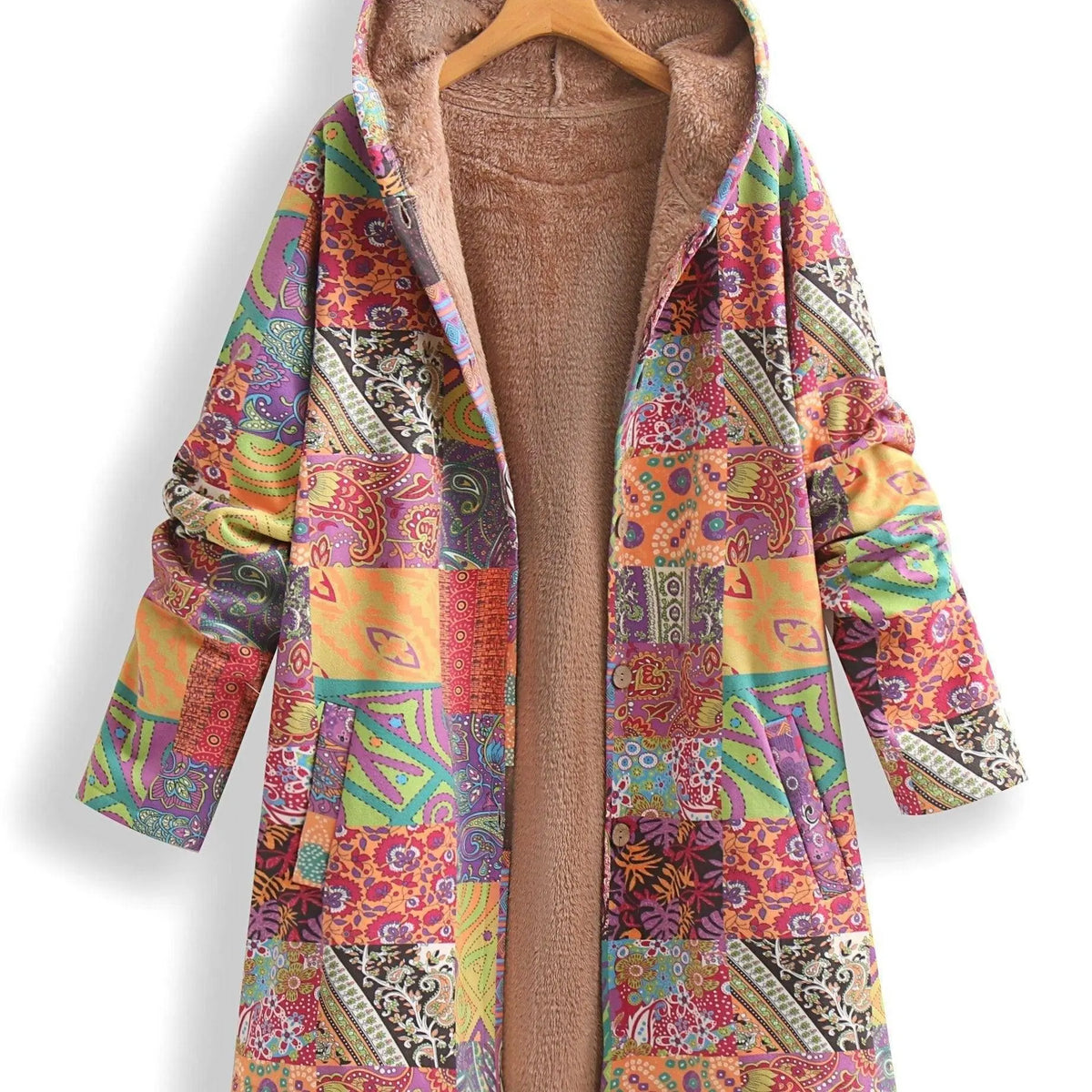 Plus Size Patchwork Print Hooded Coat, Casual Button Front Long Sleeve Warm Outerwear For Fall & Winter, Women's Plus Size Clothing SS69 37.69 ginger-colored / 5XL(62)