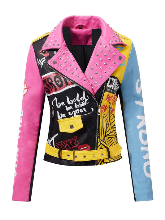 Plus Size Women's Faux Leather for Moto Jacket - Colorful Graffiti & Floral Design with Rivet Accents, Casual Punk Style, Long Sleeve, Zip-Up Biker Coat with Pockets SS69
