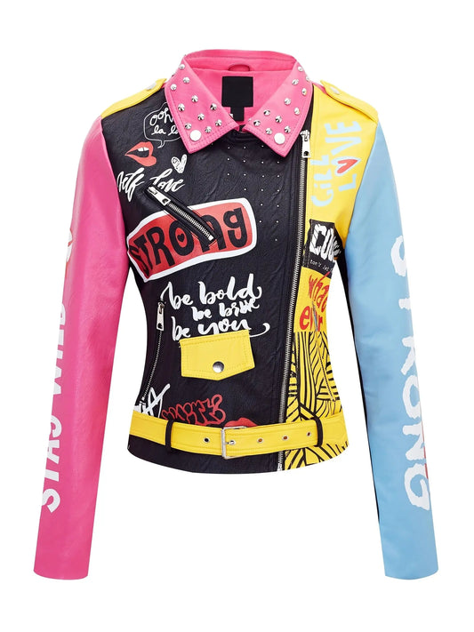 Plus Size Women's Faux Leather for Moto Jacket - Colorful Graffiti & Floral Design with Rivet Accents, Casual Punk Style, Long Sleeve, Zip-Up Biker Coat with Pockets SS69
