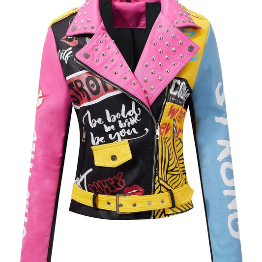 Plus Size Women's Faux Leather for Moto Jacket - Colorful Graffiti & Floral Design with Rivet Accents, Casual Punk Style, Long Sleeve, Zip-Up Biker Coat with Pockets SS69 198.69 Pink / Plus 4XL