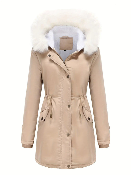 Plus Size Women's Parka Coat with Hood - 100% Polyester, Non-Stretch, Solid Color, Drawstring Waist, Mid-Length Warm Jacket for Fall/Winter - Middle Eastern Style, Woven Hooded Outerwear for Outdoor Activities - SS69