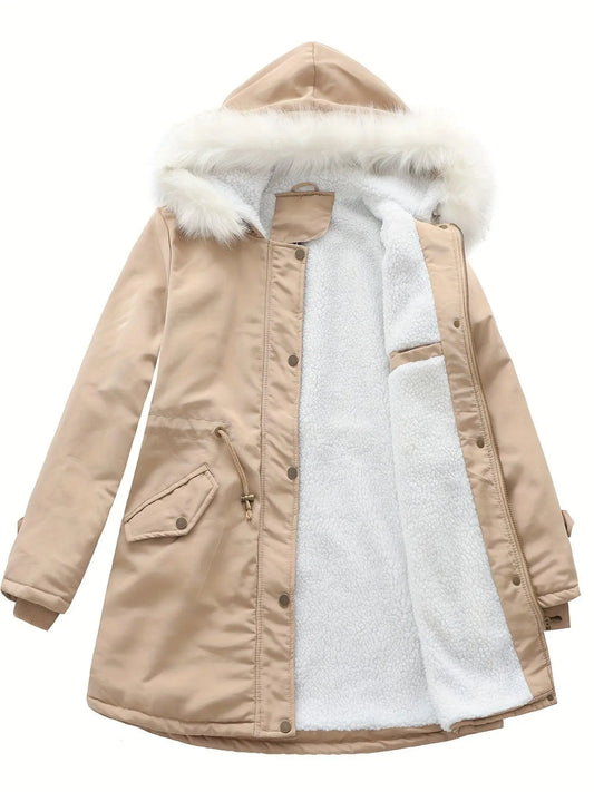 Plus Size Women's Parka Coat with Hood - 100% Polyester, Non-Stretch, Solid Color, Drawstring Waist, Mid-Length Warm Jacket for Fall/Winter - Middle Eastern Style, Woven Hooded Outerwear for Outdoor Activities - SS69