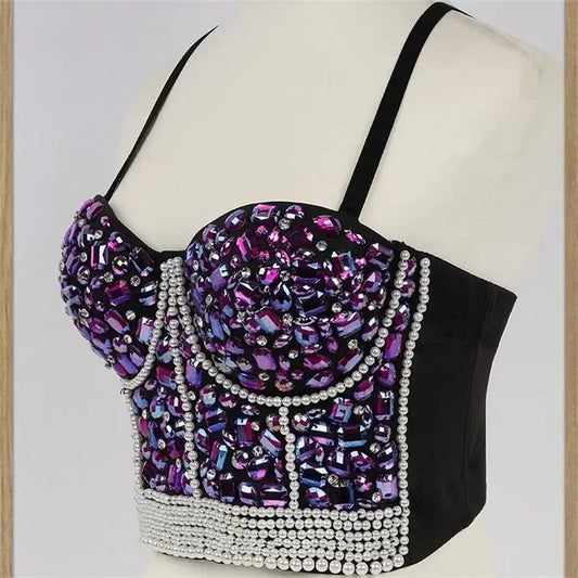 Punk Corset Rhinestone Diamond Tank Top Women Bra Stage Party Camis Sequin Shirt Woman Clothes y2k Blusa Crop Tops Ladies Shaper SS69