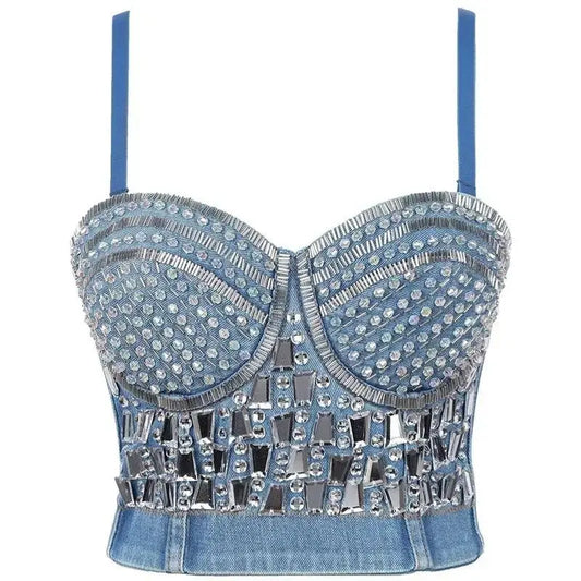 Punk Corset Rhinestone Diamond Tank Top Women Bra Stage Party Camis Sequin Shirt Woman Clothes y2k Blusa Crop Tops Ladies Shaper - SS69