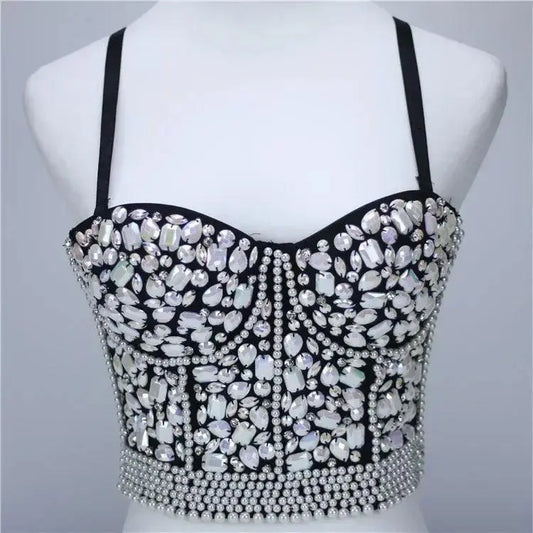 Punk Corset Rhinestone Diamond Tank Top Women Bra Stage Party Camis Sequin Shirt Woman Clothes y2k Blusa Crop Tops Ladies Shaper - SS69