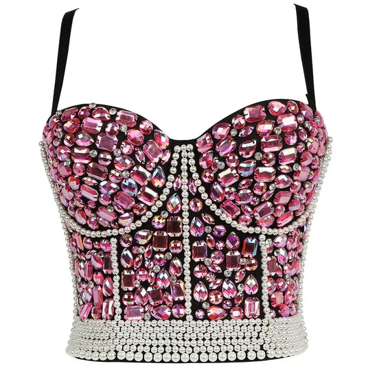 Punk Corset Rhinestone Diamond Tank Top Women Bra Stage Party Camis Sequin Shirt Woman Clothes y2k Blusa Crop Tops Ladies Shaper SS69