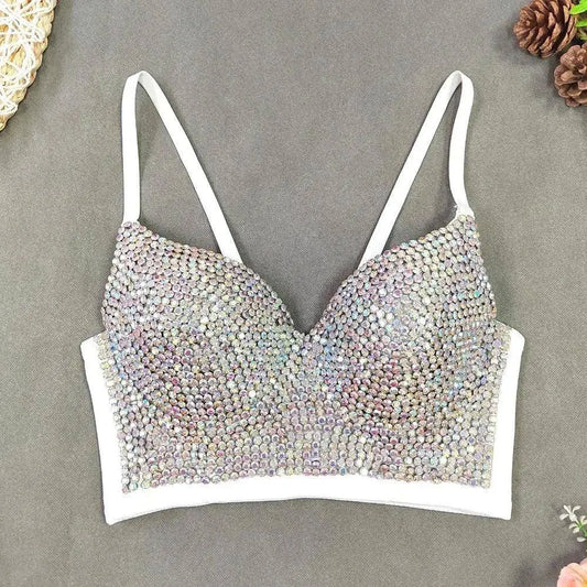 Punk Corset Rhinestone Diamond Tank Top Women Bra Stage Party Camis Sequin Shirt Woman Clothes y2k Blusa Crop Tops Ladies Shaper SS69