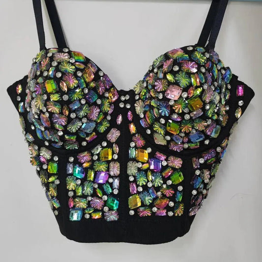 Punk Corset Rhinestone Diamond Tank Top Women Bra Stage Party Camis Sequin Shirt Woman Clothes y2k Blusa Crop Tops Ladies Shaper SS69
