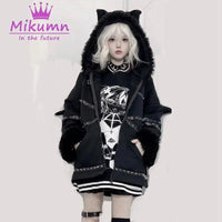 Punk Gothic Black Bat Devil Wings Rivet Plush Thickened Warm Coat Harajuku Streetwear Winter Women Jacket Hooded Zipper Outwear SS69