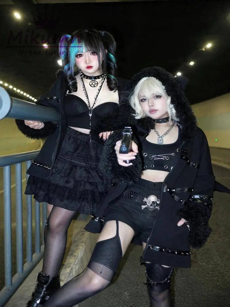 Punk Gothic Black Bat Devil Wings Rivet Plush Thickened Warm Coat Harajuku Streetwear Winter Women Jacket Hooded Zipper Outwear SS69