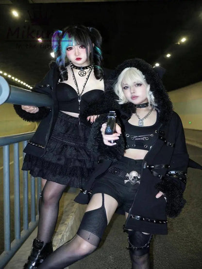 Punk Gothic Black Bat Devil Wings Rivet Plush Thickened Warm Coat Harajuku Streetwear Winter Women Jacket Hooded Zipper Outwear SS69