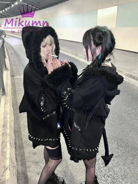 Punk Gothic Black Bat Devil Wings Rivet Plush Thickened Warm Coat Harajuku Streetwear Winter Women Jacket Hooded Zipper Outwear SS69