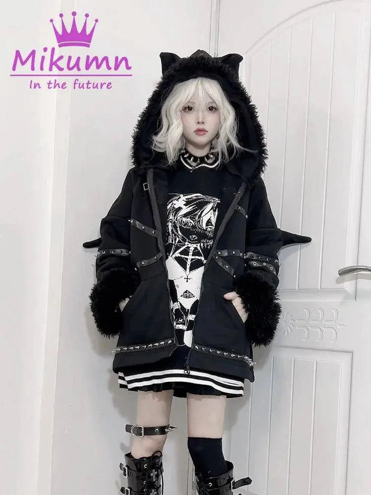 Punk Gothic Black Bat Devil Wings Rivet Plush Thickened Warm Coat Harajuku Streetwear Winter Women Jacket Hooded Zipper Outwear SS69