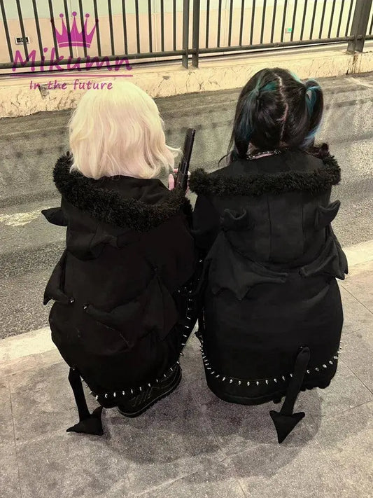 Punk Gothic Black Bat Devil Wings Rivet Plush Thickened Warm Coat Harajuku Streetwear Winter Women Jacket Hooded Zipper Outwear SS69