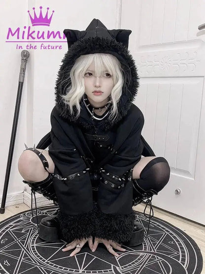Punk Gothic Black Bat Devil Wings Rivet Plush Thickened Warm Coat Harajuku Streetwear Winter Women Jacket Hooded Zipper Outwear SS69