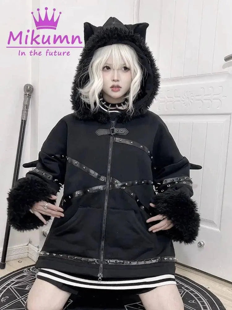 Punk Gothic Black Bat Devil Wings Rivet Plush Thickened Warm Coat Harajuku Streetwear Winter Women Jacket Hooded Zipper Outwear SS69