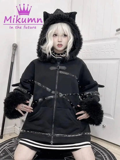 Punk Gothic Black Bat Devil Wings Rivet Plush Thickened Warm Coat Harajuku Streetwear Winter Women Jacket Hooded Zipper Outwear SS69