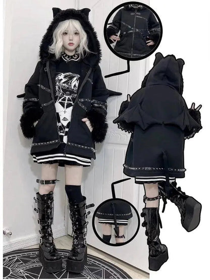 Punk Gothic Black Bat Devil Wings Rivet Plush Thickened Warm Coat Harajuku Streetwear Winter Women Jacket Hooded Zipper Outwear SS69