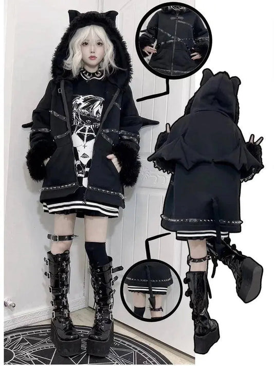 Punk Gothic Black Bat Devil Wings Rivet Plush Thickened Warm Coat Harajuku Streetwear Winter Women Jacket Hooded Zipper Outwear SS69