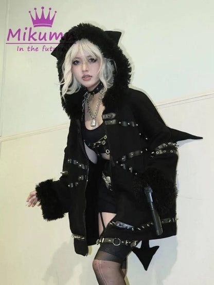 Punk Gothic Black Bat Devil Wings Rivet Plush Thickened Warm Coat Harajuku Streetwear Winter Women Jacket Hooded Zipper Outwear SS69