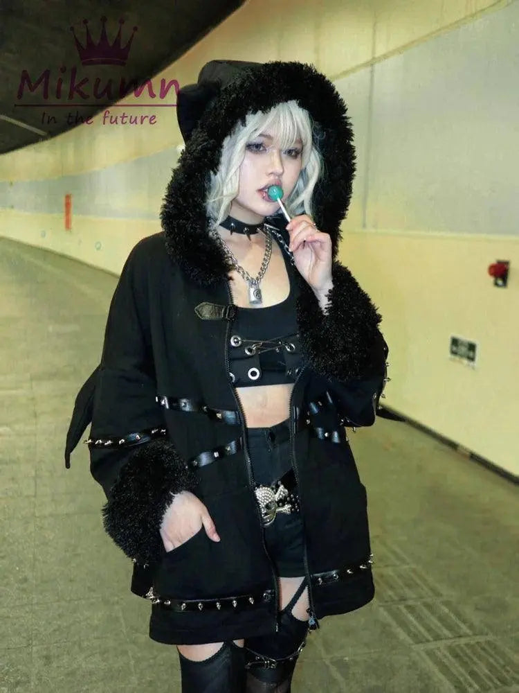 Punk Gothic Black Bat Devil Wings Rivet Plush Thickened Warm Coat Harajuku Streetwear Winter Women Jacket Hooded Zipper Outwear SS69
