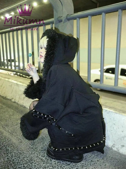 Punk Gothic Black Bat Devil Wings Rivet Plush Thickened Warm Coat Harajuku Streetwear Winter Women Jacket Hooded Zipper Outwear SS69