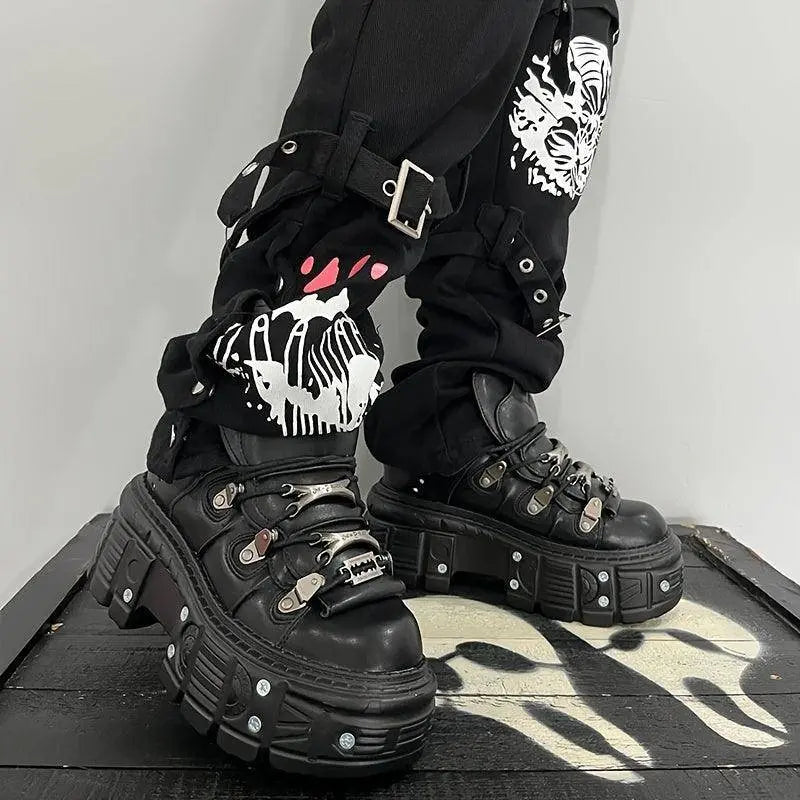 Punk High-Top Sneakers for Women - All-Season Gothic Black Platform Ankle Boots SS69