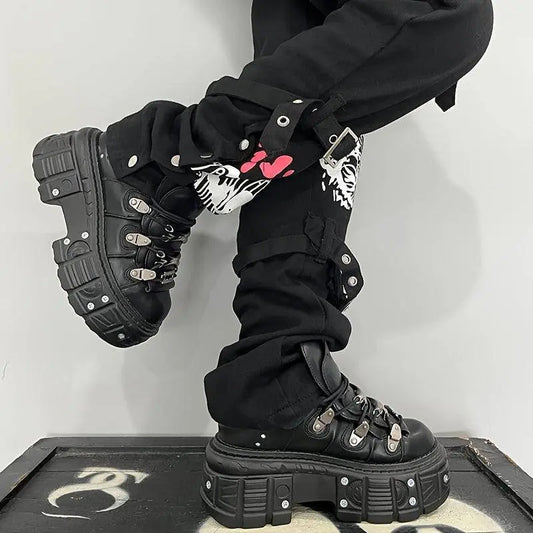 Punk High-Top Sneakers for Women - All-Season Gothic Black Platform Ankle Boots SS69