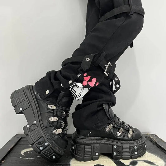 Punk High-Top Sneakers for Women - All-Season Gothic Black Platform Ankle Boots SS69