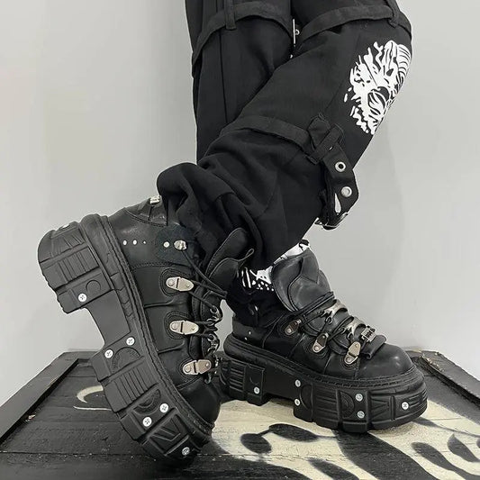 Punk High-Top Sneakers for Women - All-Season Gothic Black Platform Ankle Boots SS69