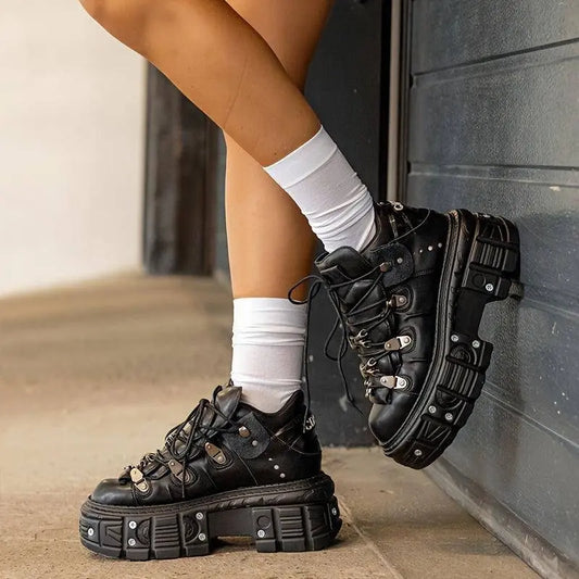 Punk High-Top Sneakers for Women - All-Season Gothic Black Platform Ankle Boots SS69