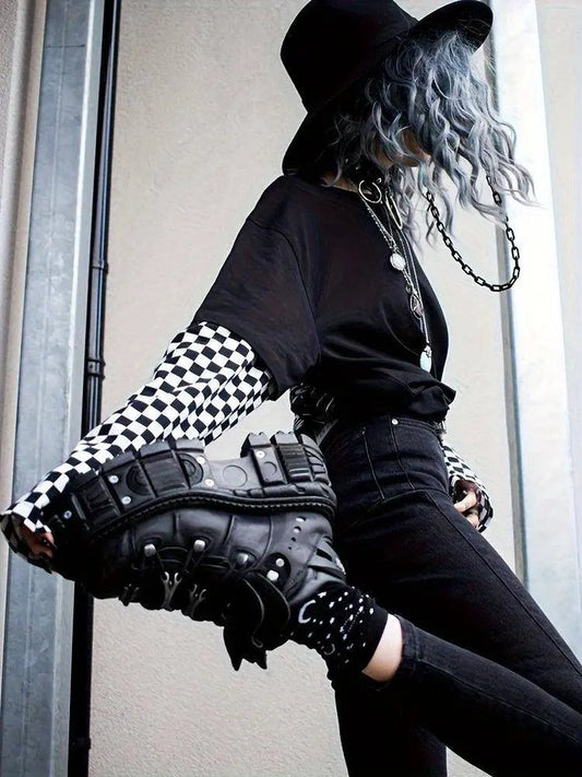 Punk High-Top Sneakers for Women - All-Season Gothic Black Platform Ankle Boots SS69