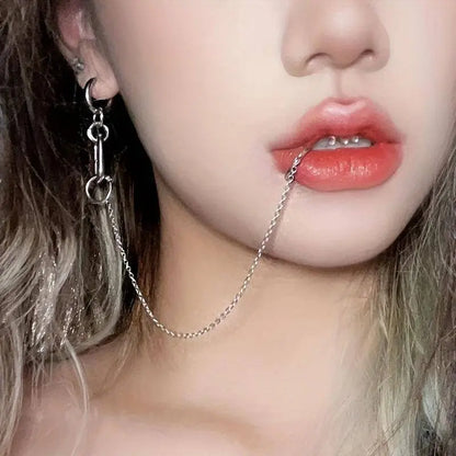 Punk-Inspired Stainless Steel Clip-On Earrings & Lip Chain - No Piercing Required, Fashionable Accessory for Women SS69