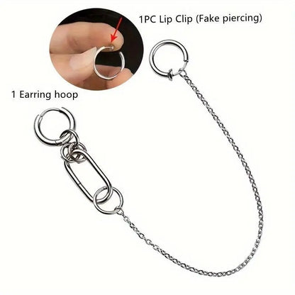 Punk-Inspired Stainless Steel Clip-On Earrings & Lip Chain - No Piercing Required, Fashionable Accessory for Women SS69