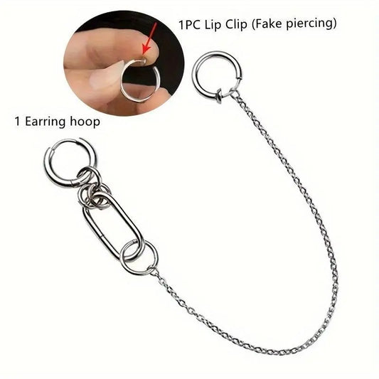Punk-Inspired Stainless Steel Clip-On Earrings & Lip Chain - No Piercing Required, Fashionable Accessory for Women SS69