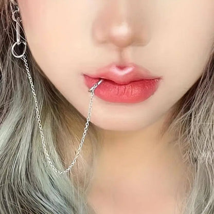 Punk-Inspired Stainless Steel Clip-On Earrings & Lip Chain - No Piercing Required, Fashionable Accessory for Women SS69