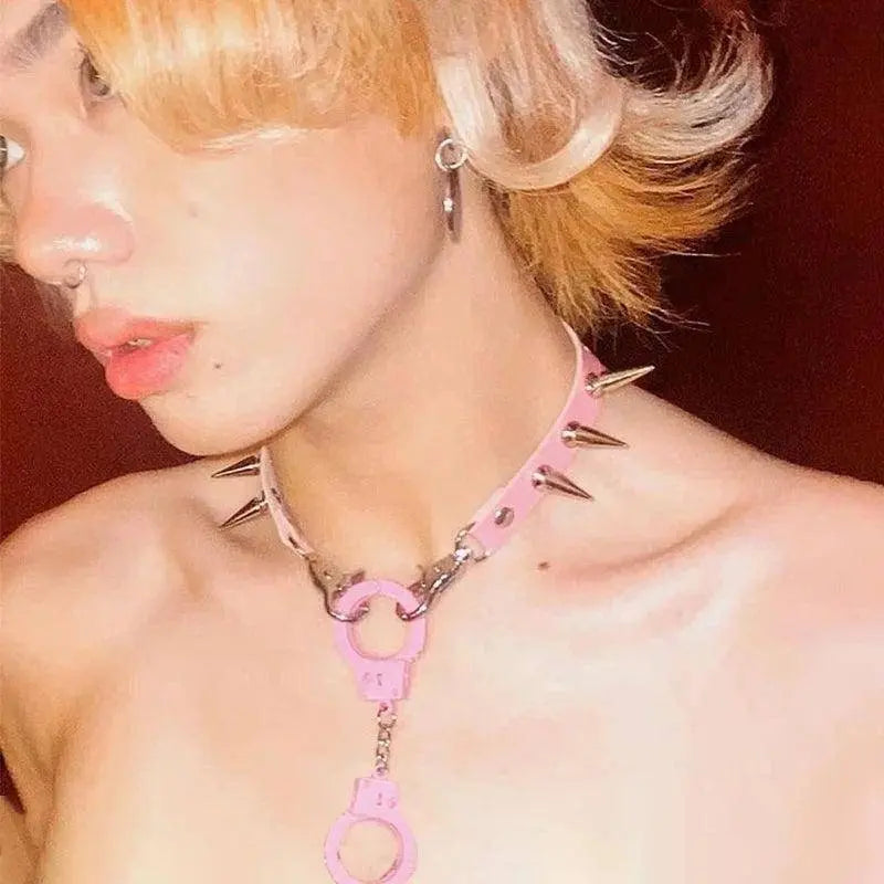 Punk Jewelry Pink Leather Rivets Choker Women Accessories Chains Ring Pendant Necklace Gothic Necklace Y2K Korean Fashion - SS69