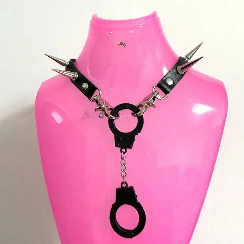 Punk Jewelry Pink Leather Rivets Choker Women Accessories Chains Ring Pendant Necklace Gothic Necklace Y2K Korean Fashion - SS69