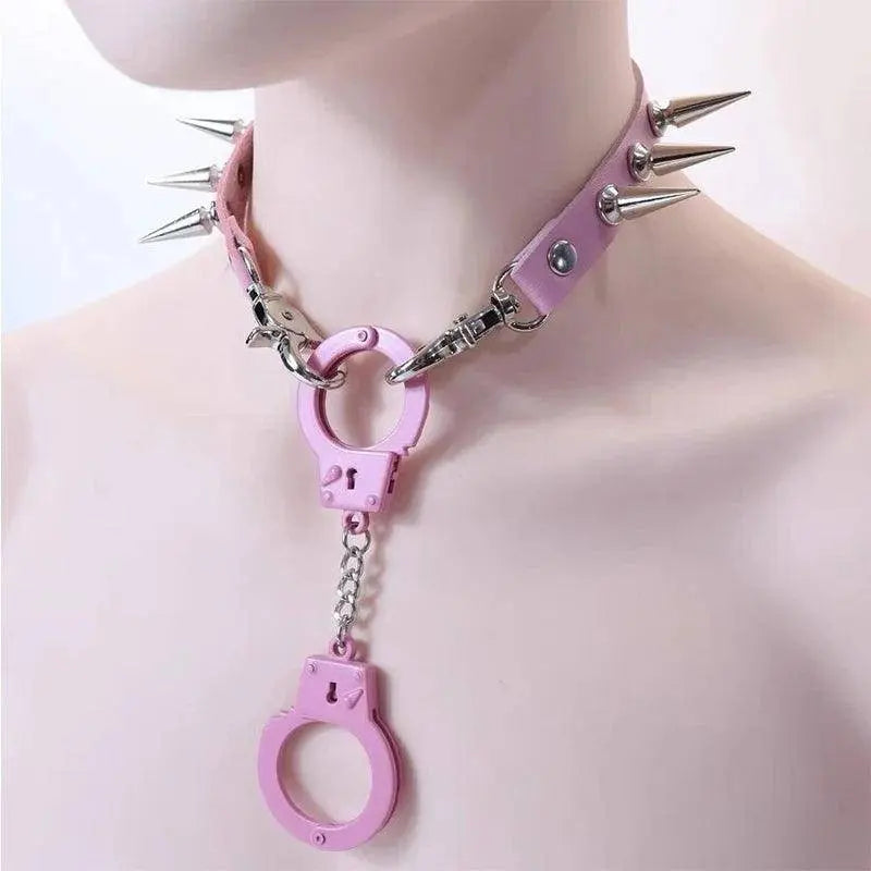Punk Jewelry Pink Leather Rivets Choker Women Accessories Chains Ring Pendant Necklace Gothic Necklace Y2K Korean Fashion - SS69