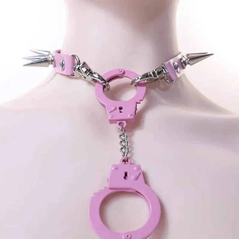 Punk Jewelry Pink Leather Rivets Choker Women Accessories Chains Ring Pendant Necklace Gothic Necklace Y2K Korean Fashion - SS69
