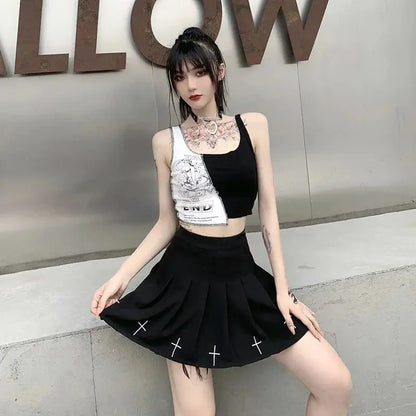 Punk Style Patchwork Tank Tops Aesthetic Letter And Graphic Print Women Crop Top Color Blocking Sleeveless Streetwear SS69