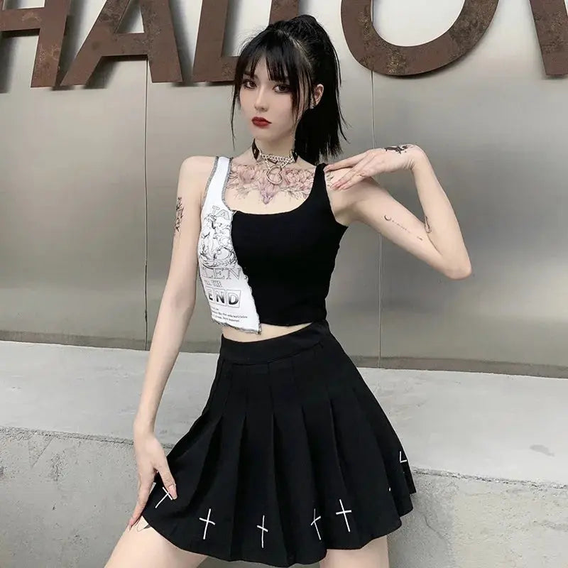 Punk Style Patchwork Tank Tops Aesthetic Letter And Graphic Print Women Crop Top Color Blocking Sleeveless Streetwear SS69