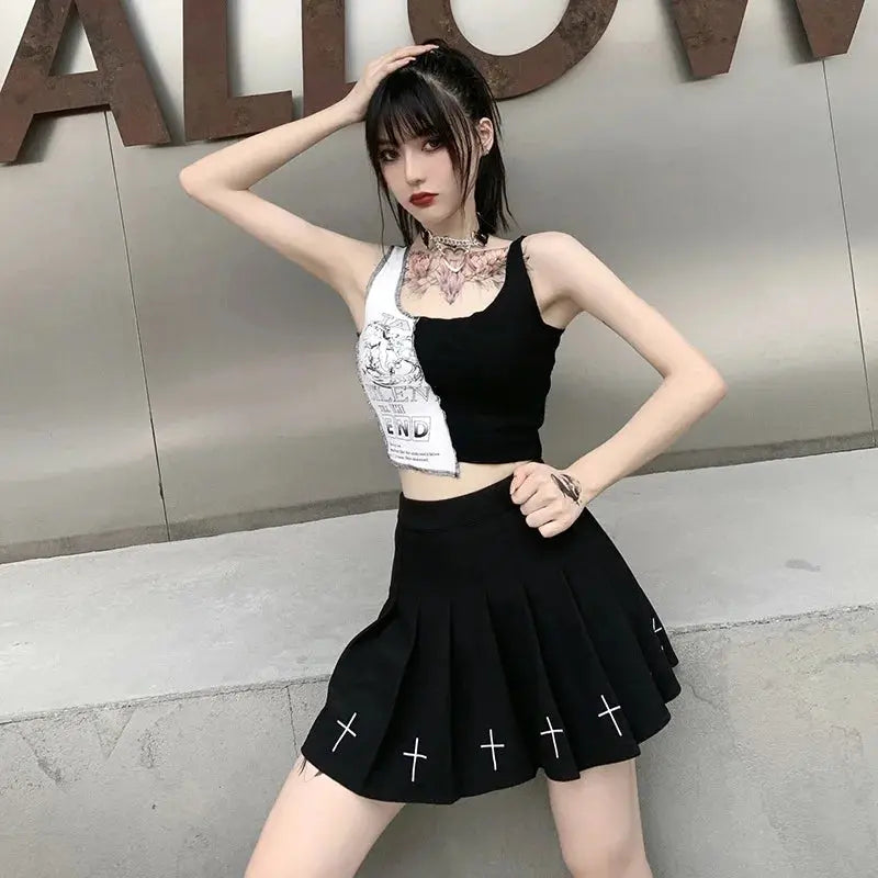 Punk Style Patchwork Tank Tops Aesthetic Letter And Graphic Print Women Crop Top Color Blocking Sleeveless Streetwear SS69